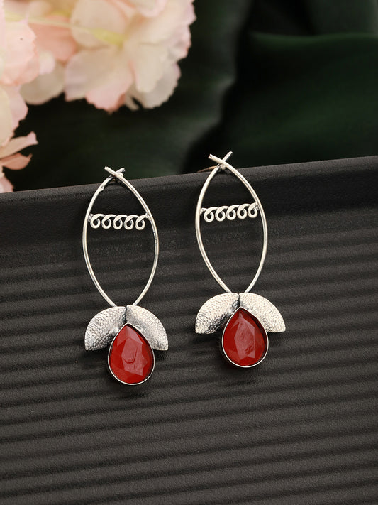 Red Stone studded & Lef Shaped Contemporary Drop Earrings - Jazzandsizzle