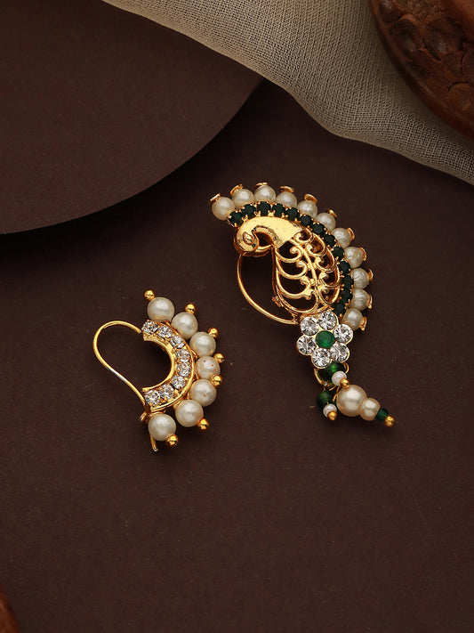 Set Of 2 Gold-Plated AD Stone-Studded & Pearl Beaded Nosepin - Jazzandsizzle