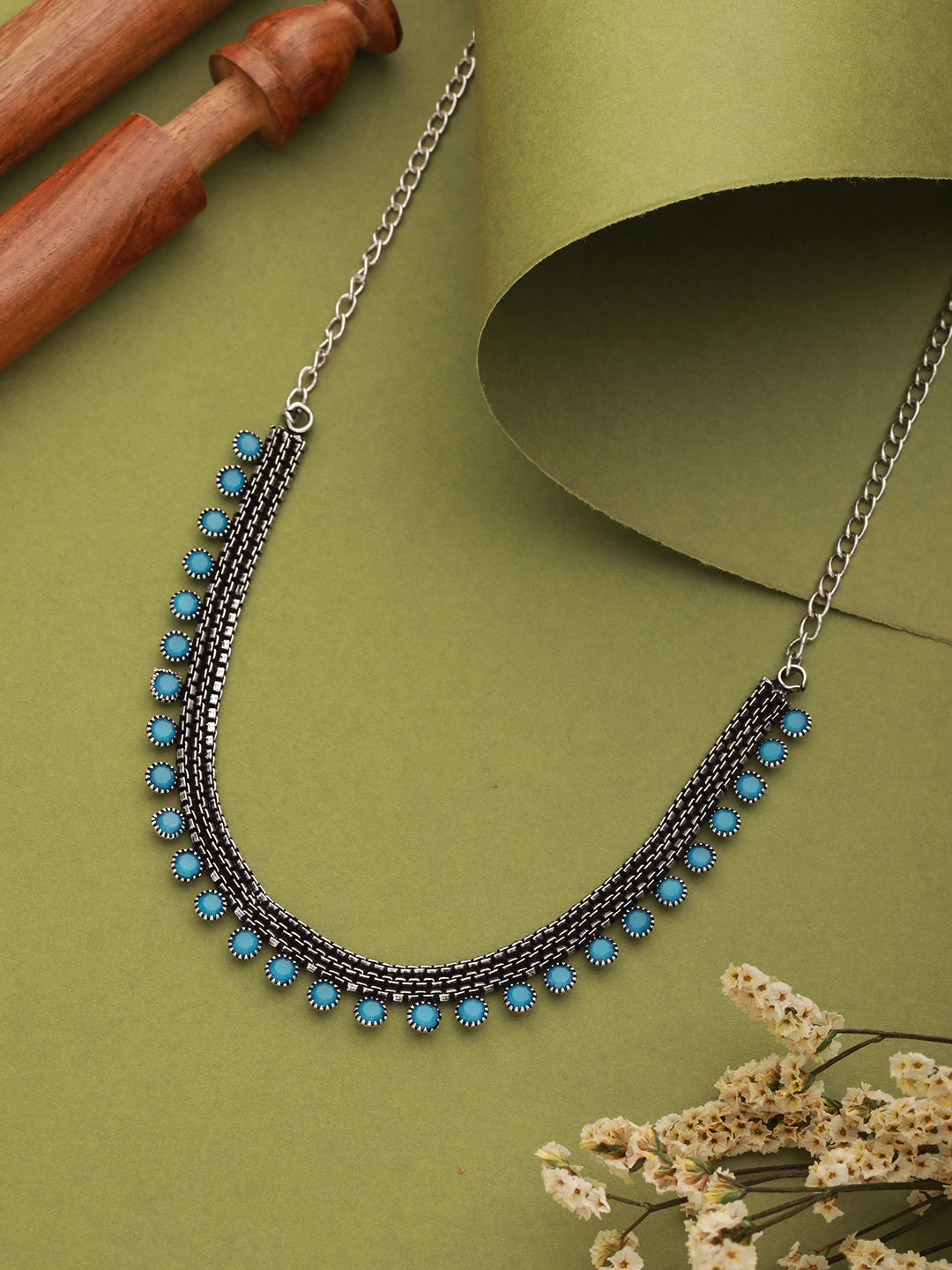 Silver Plated Blue Stone Studded Oxidised Necklace - Jazzandsizzle