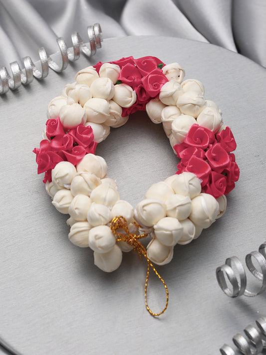 Women Pink Rose & White Mogra Artificial Flower Gajra Floral Hair Bun - Jazzandsizzle