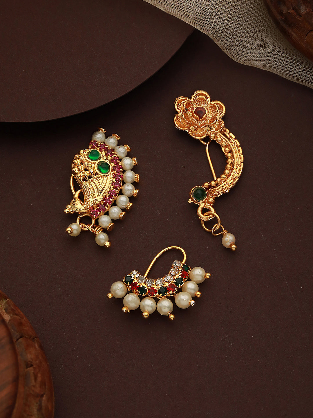 Set Of 3 Gold-Plated Stone-Studded & Beaded Nosepins - Jazzandsizzle