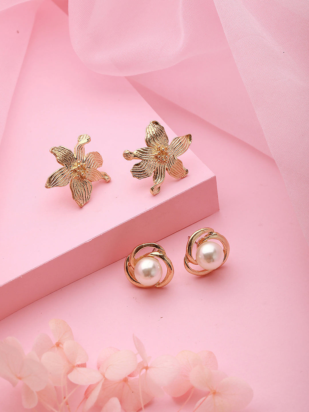 Set of 2 Gold Plated & Pearl Floral Stud Earrings - Jazzandsizzle