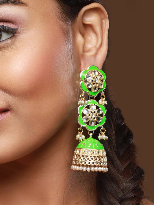 Green & White Meenakari & Kundan Ethnic Long Jhumka Earrings - Jazzandsizzle