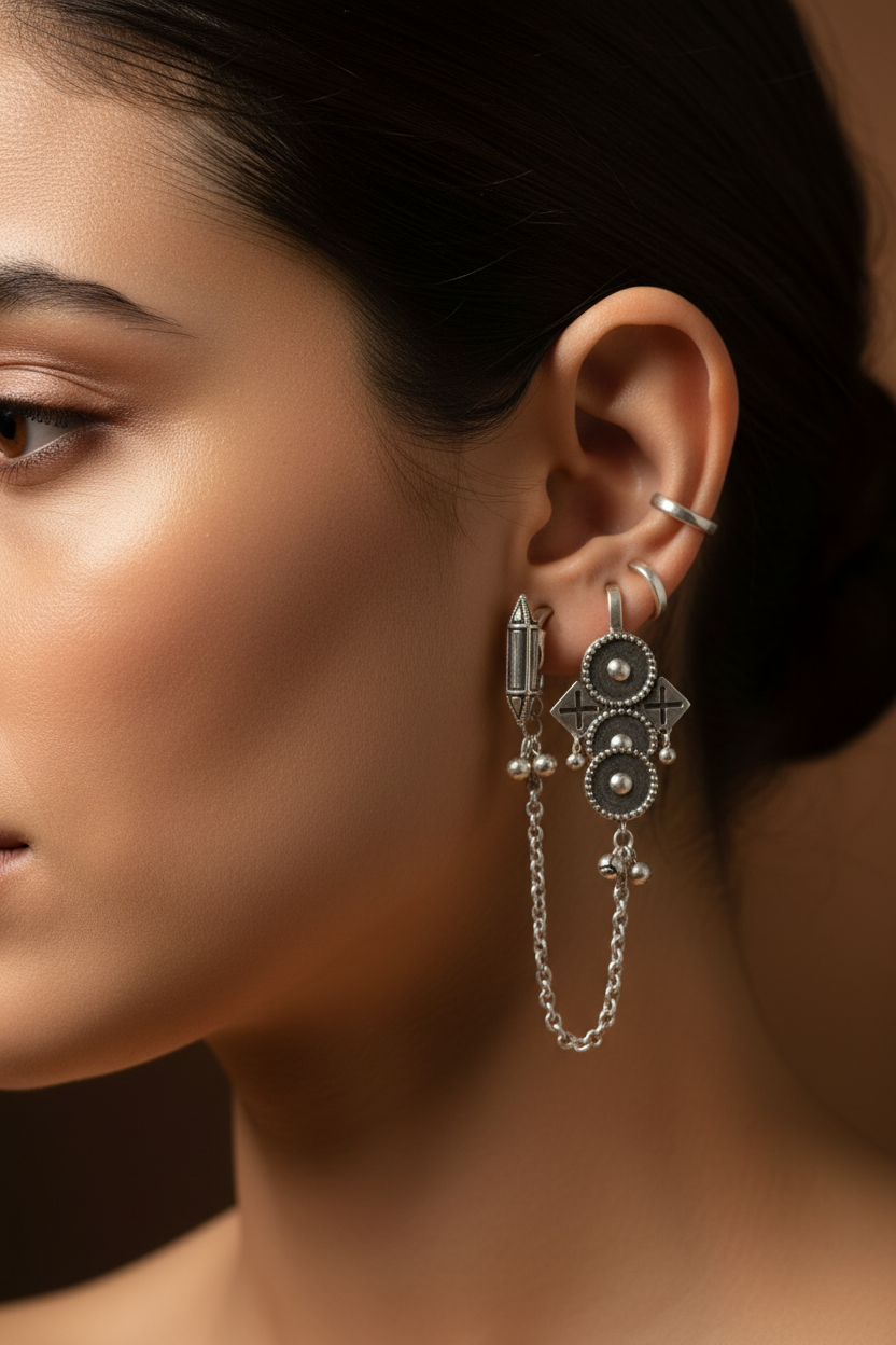 Jazz And Sizzle Silver Plated Artificial Stone Studded & Beaded Geometric Ear Cuff