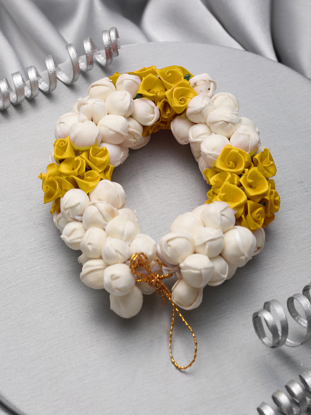 Women Yellow Rose & White Mogra Artificial Flower Gajra Floral Hair Bun - Jazzandsizzle