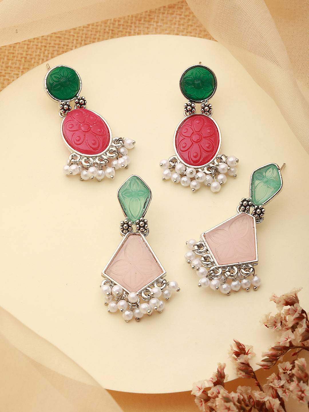 Set of 2 Gold-Plated Pink & Green Dome Shaped Drop Earrings - Jazzandsizzle