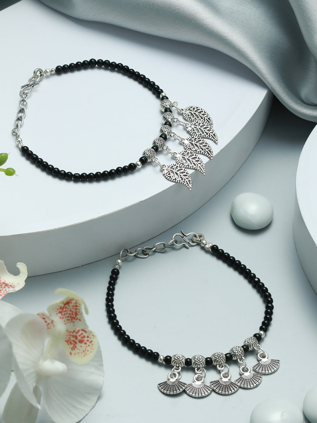 Set Of 2 Black & Silver-Toned Bracelet/Anklets