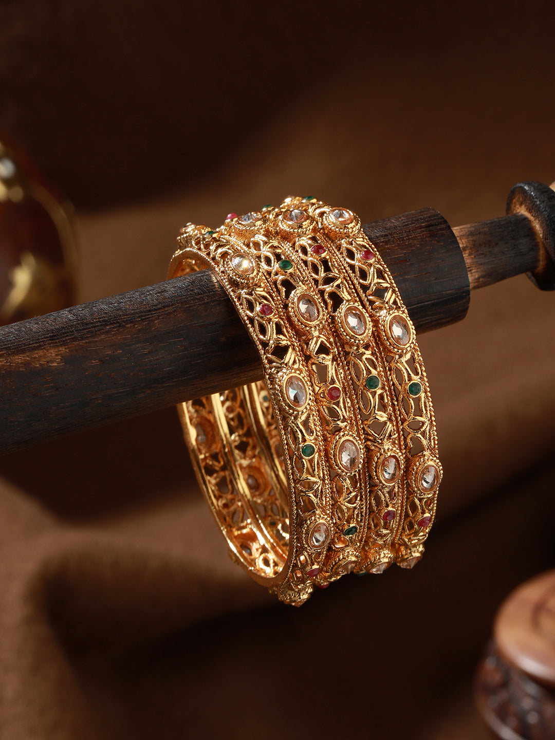 Set Of 4 24CT Gold-Plated Stone-Studded Bangles - Jazzandsizzle