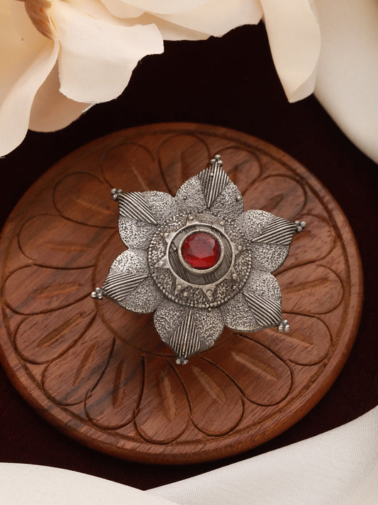 Oxidised Silver-Toned & Red Stone-Studded Adjustable Finger Ring - Jazzandsizzle