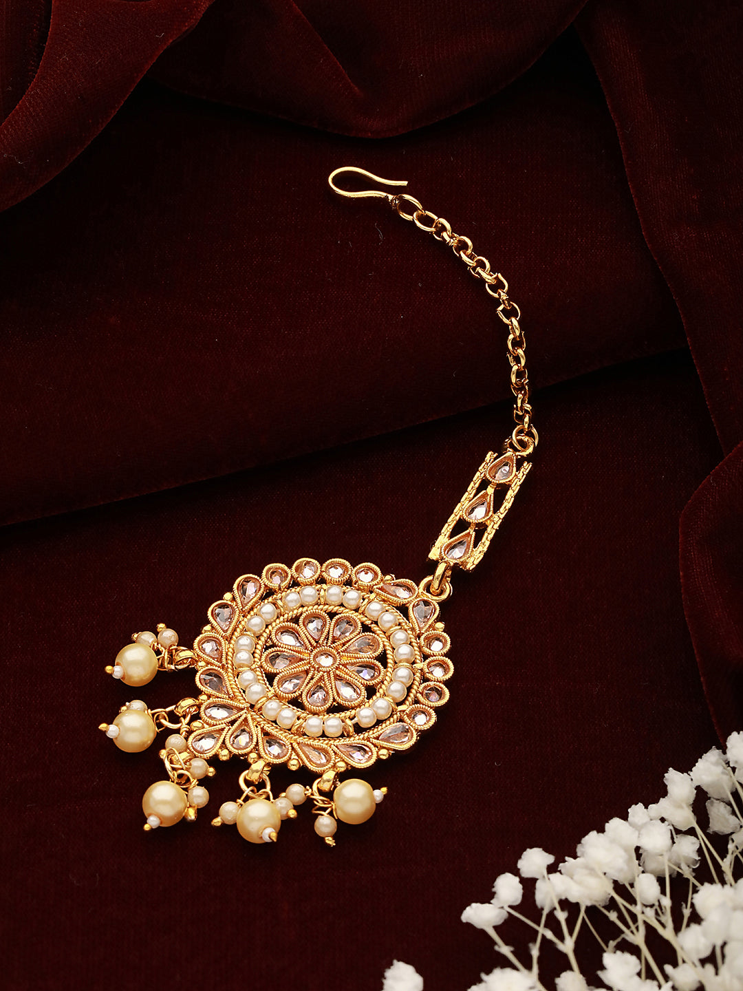 Gold-Plated Reverse AD Studded & Pearl Embellished Maang Tikka - Jazzandsizzle