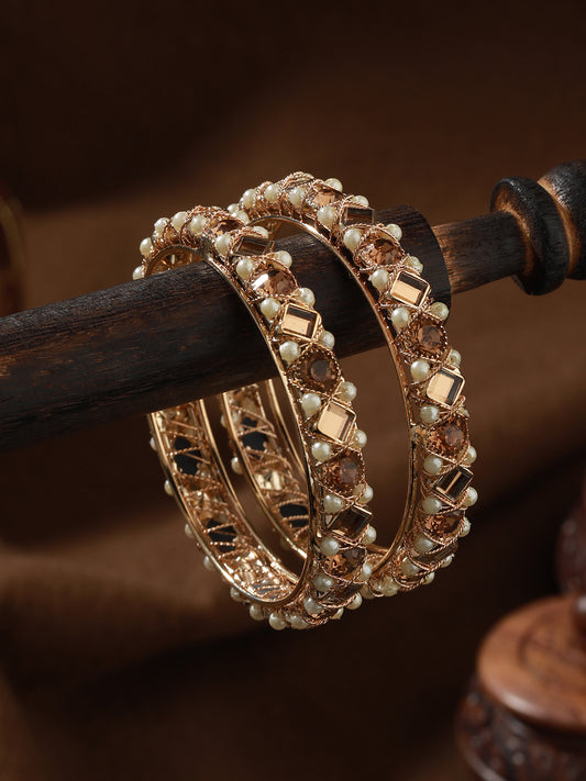 Set Of 2 Rose Gold-Plated Crystal Studded & Beaded Bangles - Jazzandsizzle