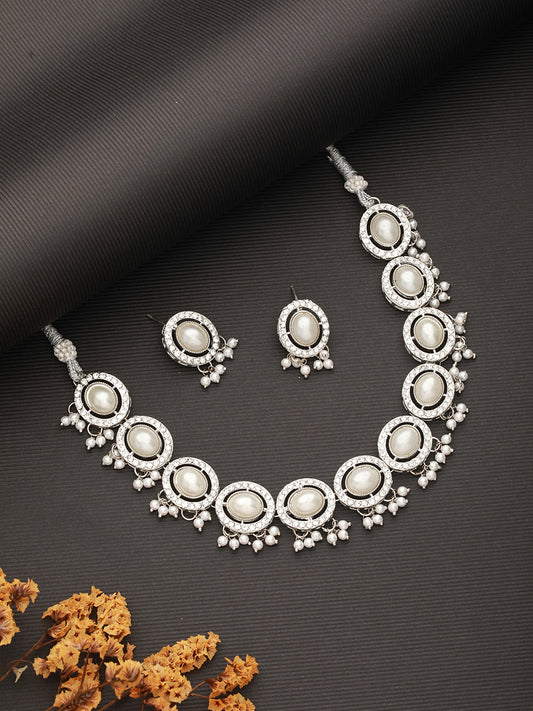 Silver-Plated CZ Stone-Studded & Pearl Beaded Jewellery Set - Jazzandsizzle