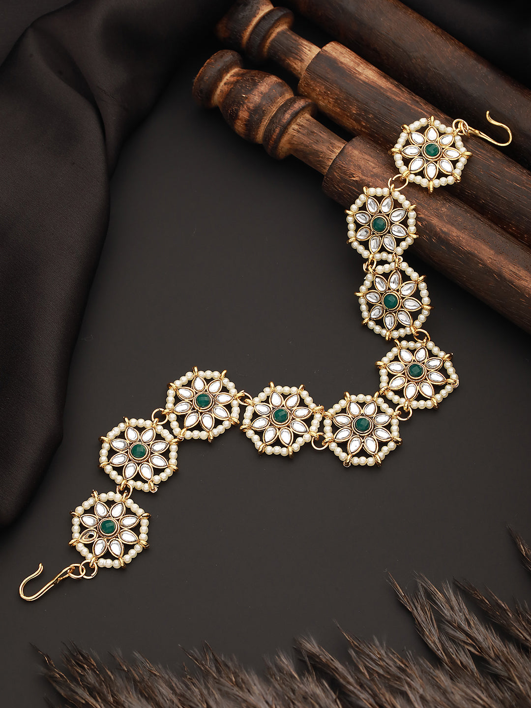 Gold-Plated Green Kundan & Pearl Studded Sheeshphool Mathapatti - Jazzandsizzle