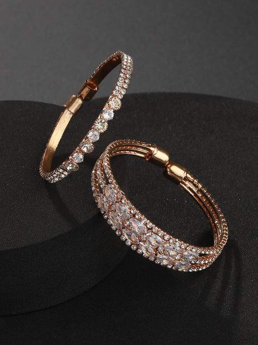 Jazz And Sizzle Set Of 2 Rose Gold-Plated White Crystal Studded Cuff Bracelet - Jazzandsizzle