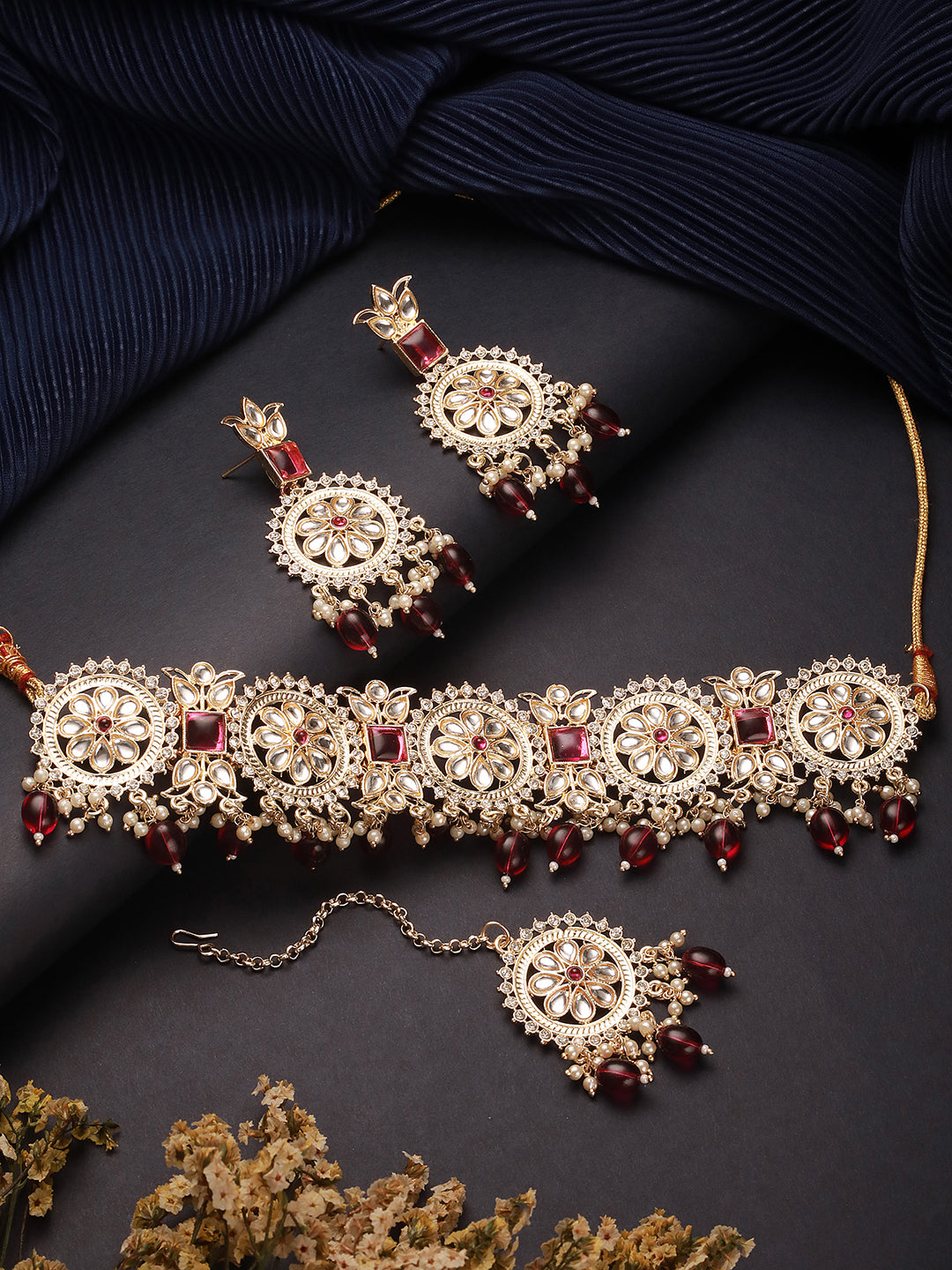 Jazz And Sizzle 18 k Gold Plated Kundan & Zirconia Studded Pearl Beaded Jewellery Set With Maangtikka