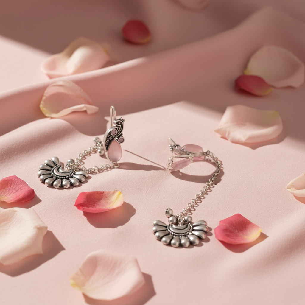 Jazz And Sizzle Silver Plated Artificial Pink Stone Studded & Beaded Peacock Ear Cuff