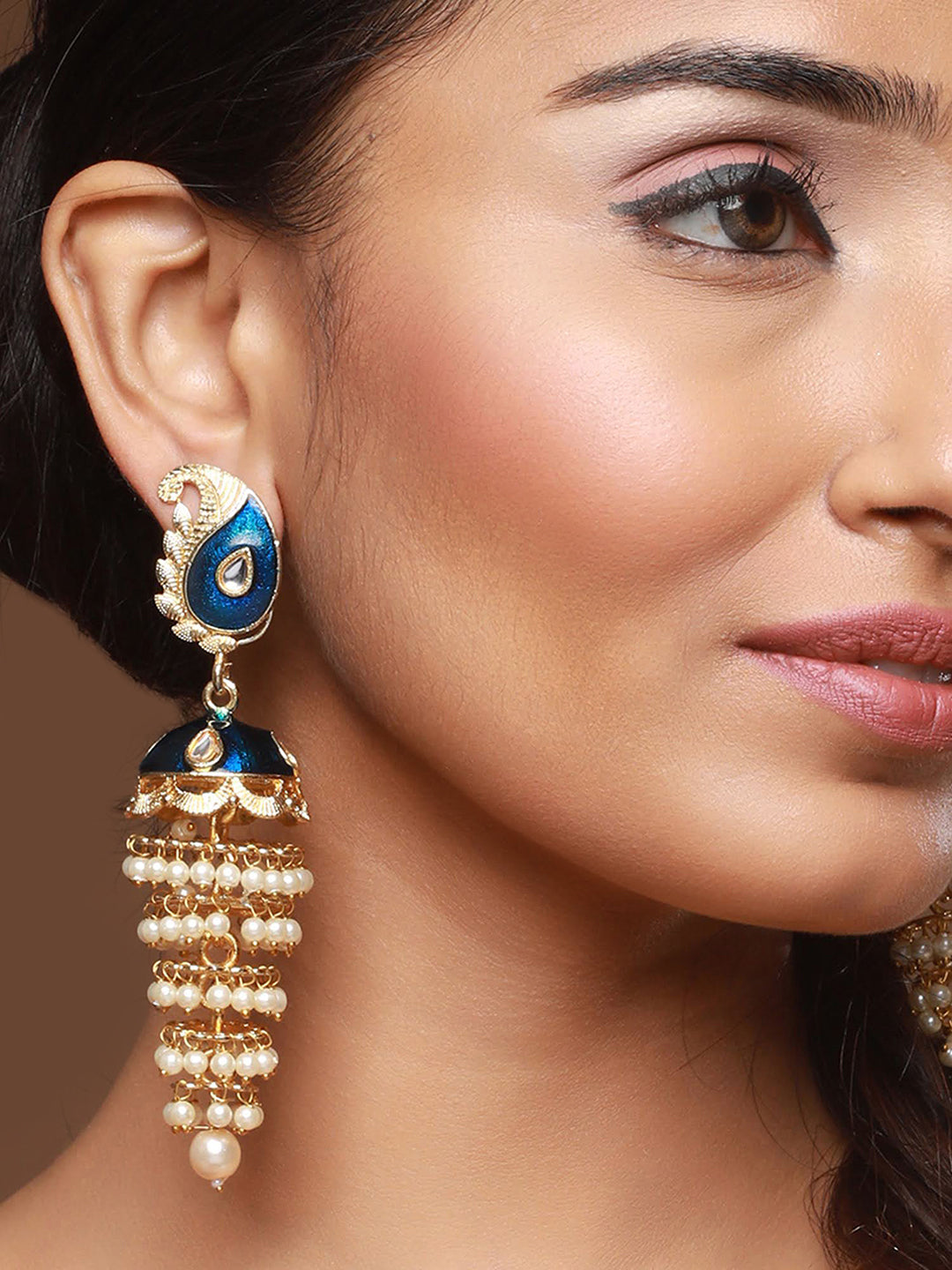 Blue Gold-Plated Kundan-Studded & Meenakari Jhumkas Earrings