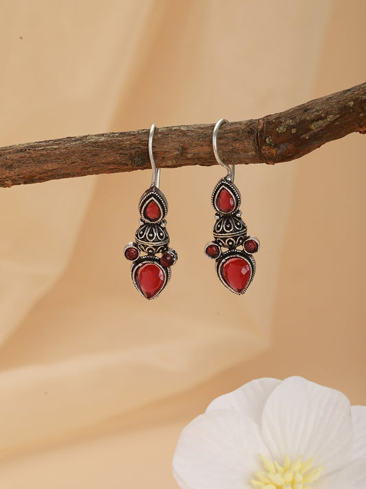 Silver Plated & Red Stone Studded Dome shaped Drop Earrings - Jazzandsizzle