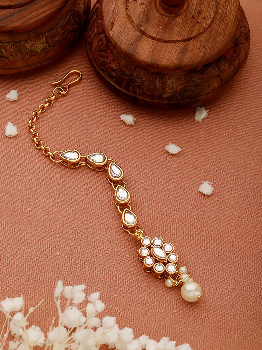 Gold-Plated White Kundan Studded & Beaded Maang Tikka - Jazzandsizzle