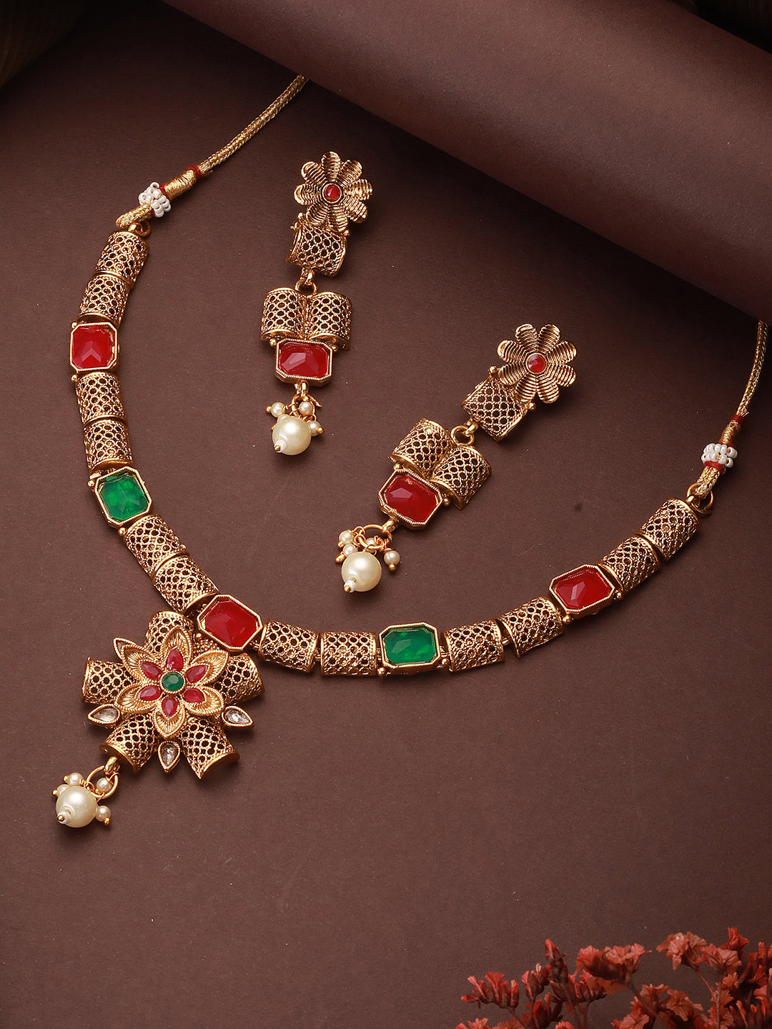 Jazz And Sizzle Gold-Plated Kundan Studded Floral Shaped Jewellery Set