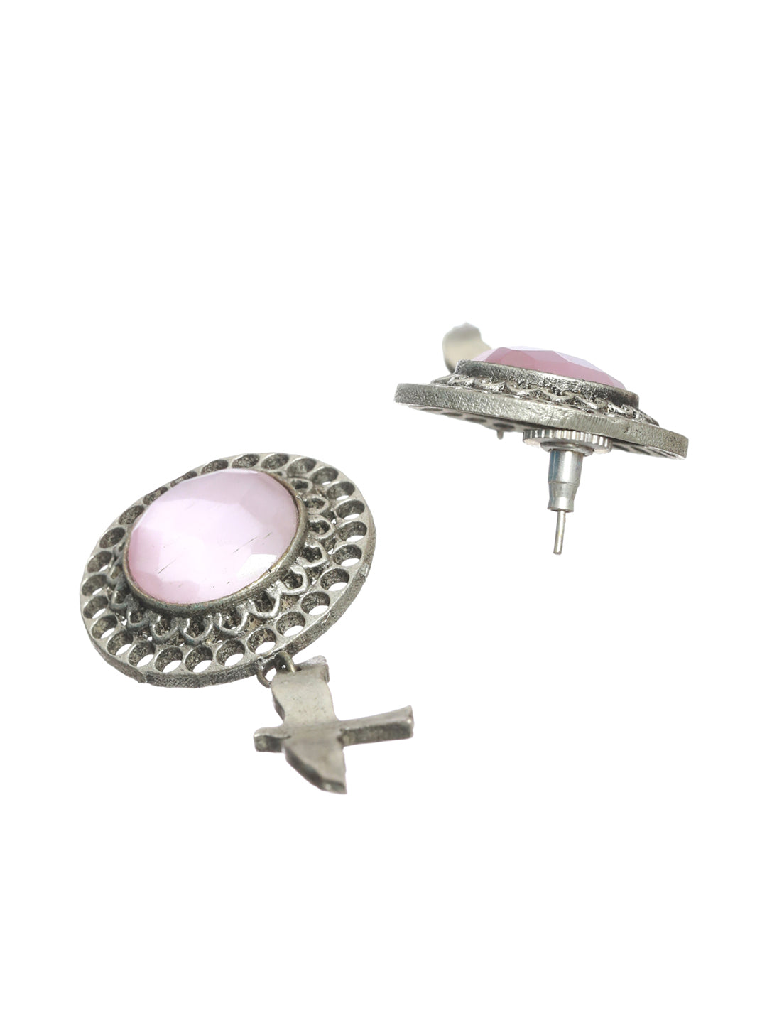 Jazz And Sizzle Pink Stone Studded Silver Toned Drop Earrings - Jazzandsizzle