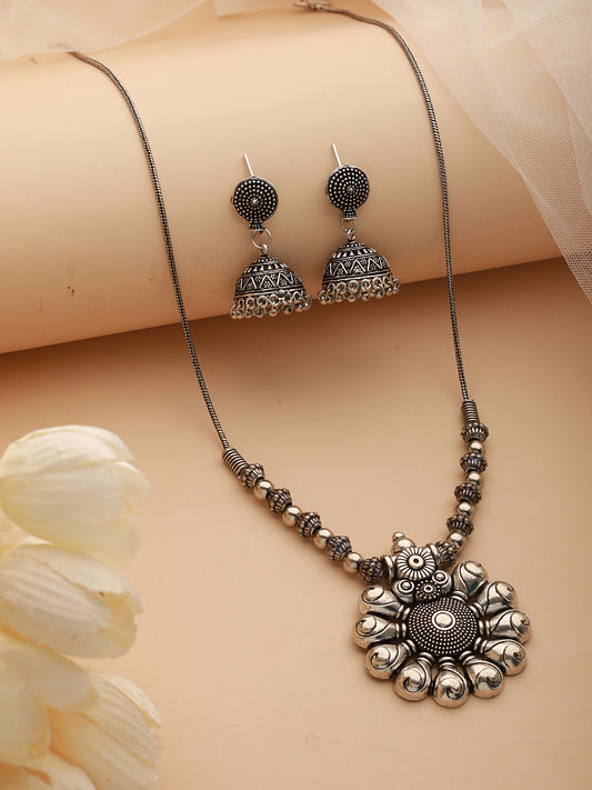 Silver-Plated Circular Shaped Oxidized Jewellery Set - Jazzandsizzle