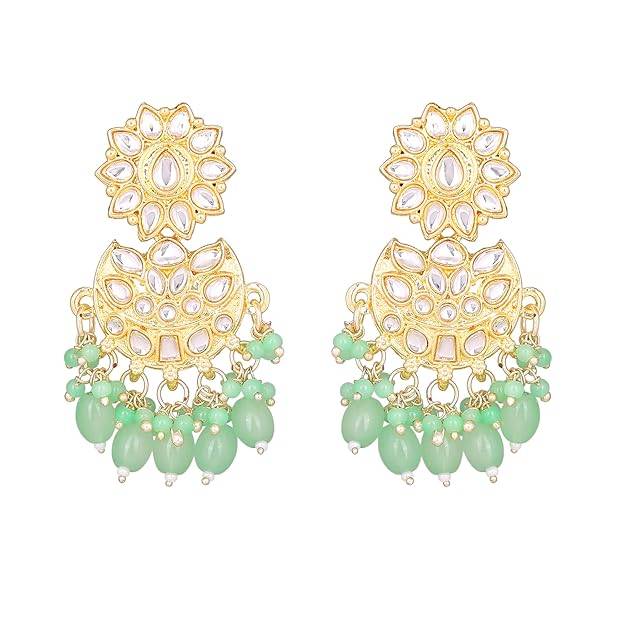 Gold Plated Kundan Studded & Mint Green Beads Drop Earrings