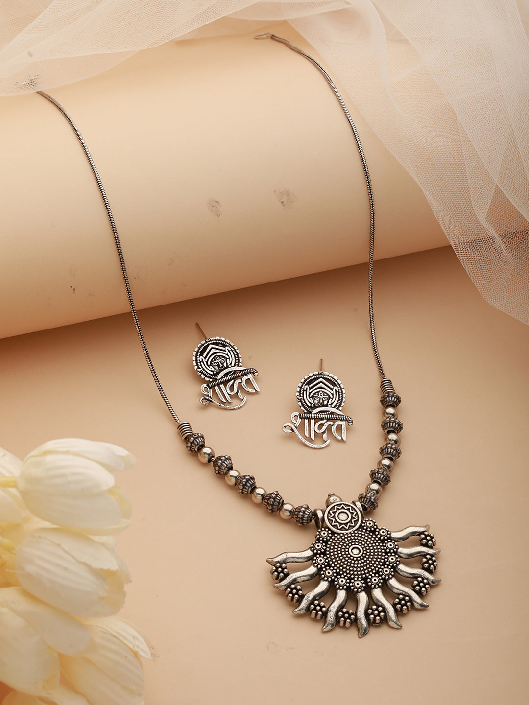 Silver-Plated Shakti Oxidized Pendant & Earring Set - Jazzandsizzle