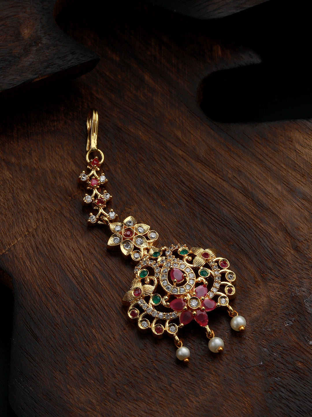 Gold-Plated Maroon & Green AD-Studded & Beaded Handcrafted Maangtikka - Jazzandsizzle