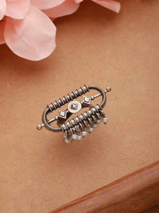 Silver-Plated & Pearl Beaded Oxidised Finger Ring - Jazzandsizzle