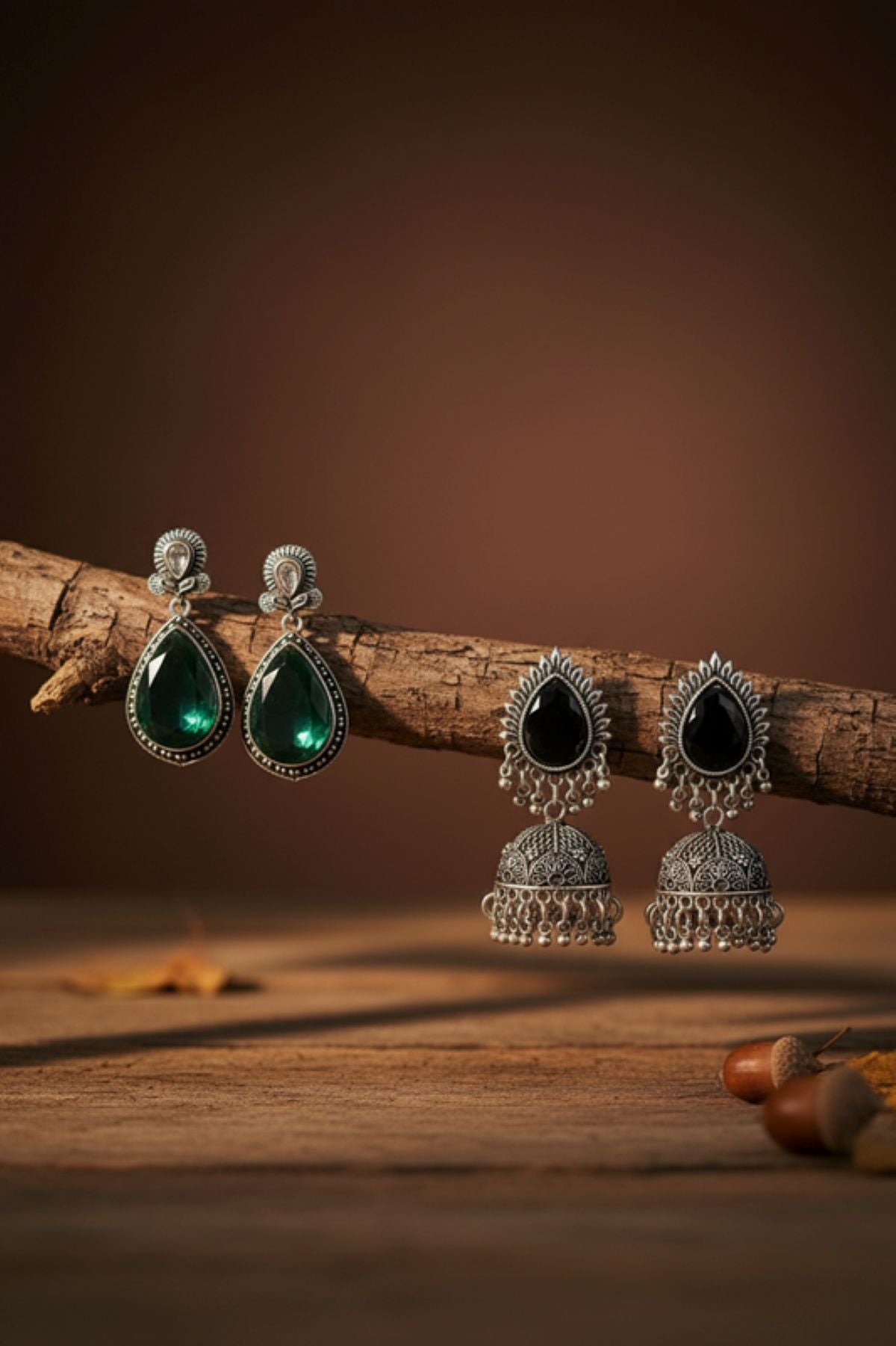 Jazz And Sizzle Set of 2 Silver Plated Emarald Stone Studded Tear Drop Earrings & Black Stone Studded Jhumka Earrings
