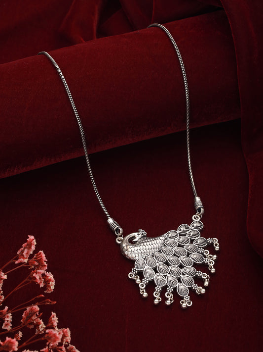 Silver Plated Peacock Shaped Oxidised Necklace - Jazzandsizzle