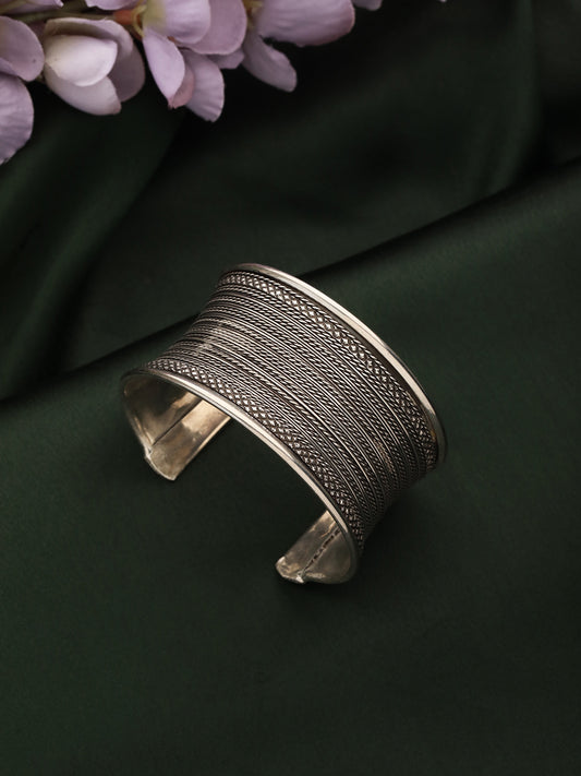 Women Silver-Plated & Textured Oxidised Cuff Bracelet - Jazzandsizzle