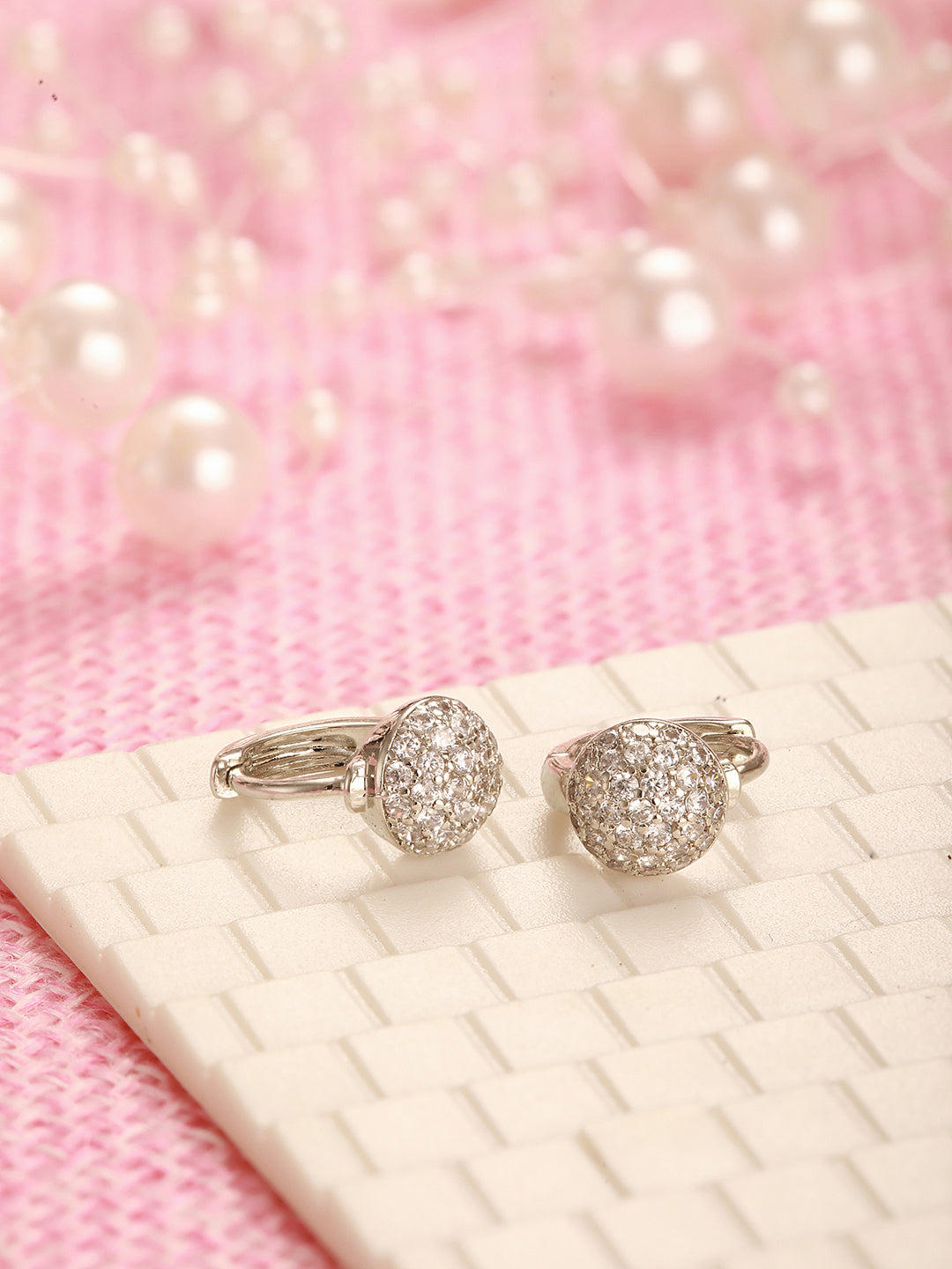 Jazz And Sizzle Rhodium Plated AD Studded Contemporary Half Hoop Earrings