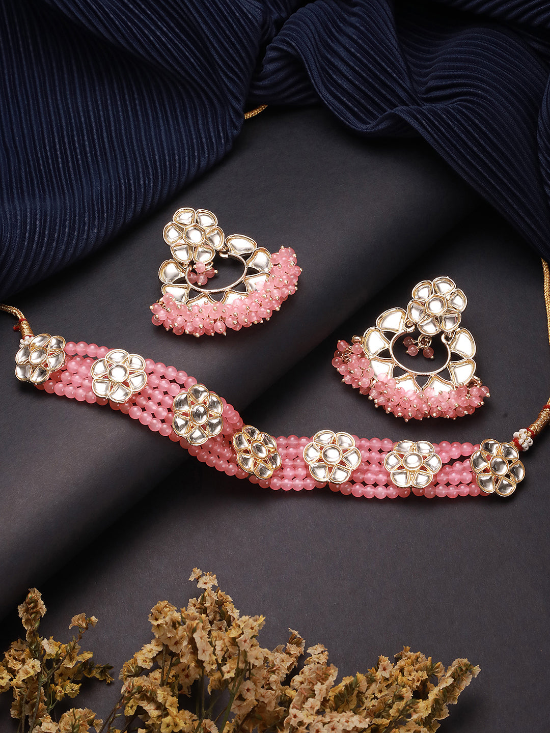 Jazz And Sizzle Gold-Plated Baby Pink Kundan-Studded & Beaded Necklace & Earrings Set