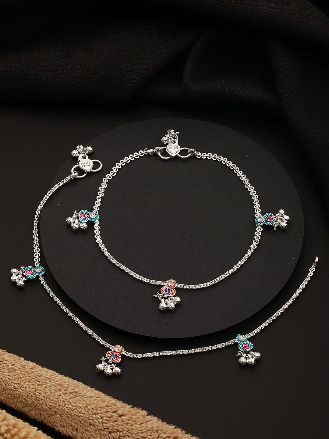 Set of 2 Silver-Plated Pink&Blue Anklets with Ghungroo Detail - Jazzandsizzle