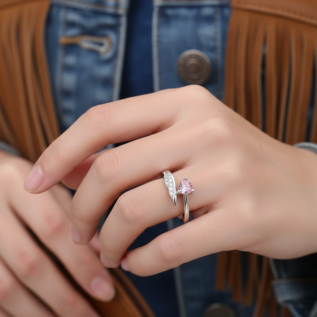 Jazz And Sizzle Set of 2 Silver Plated Pink Heart AD Studded Adjustable Couple Ring for Valentines Gift