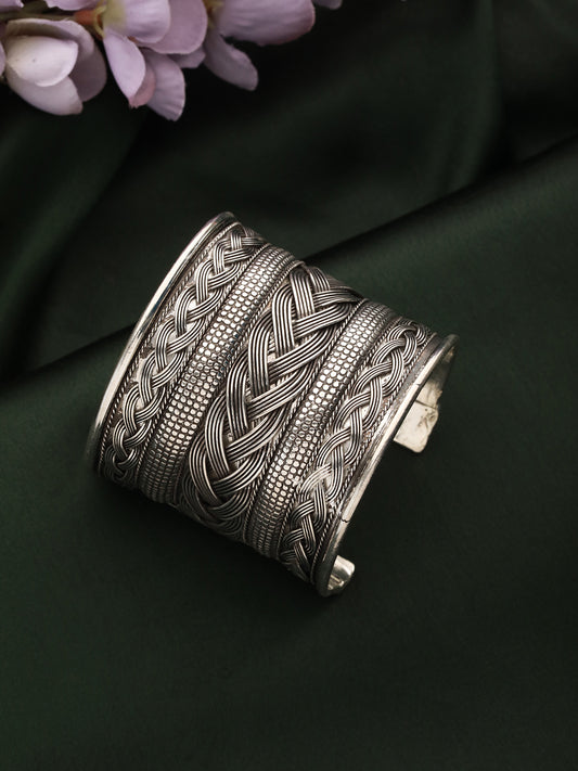 Women Silver-Plated & Textured Oxidised Cuff Bracelet - Jazzandsizzle