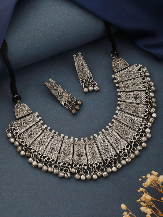 Silver-Plated Oxidised Beaded Necklace & Earrings - Jazzandsizzle