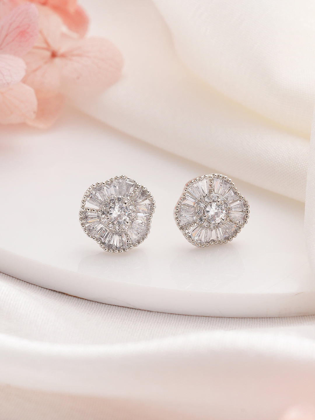 Jazz And Sizzle Silver-Plated American Diamond Studded Floral Stud Earrings
