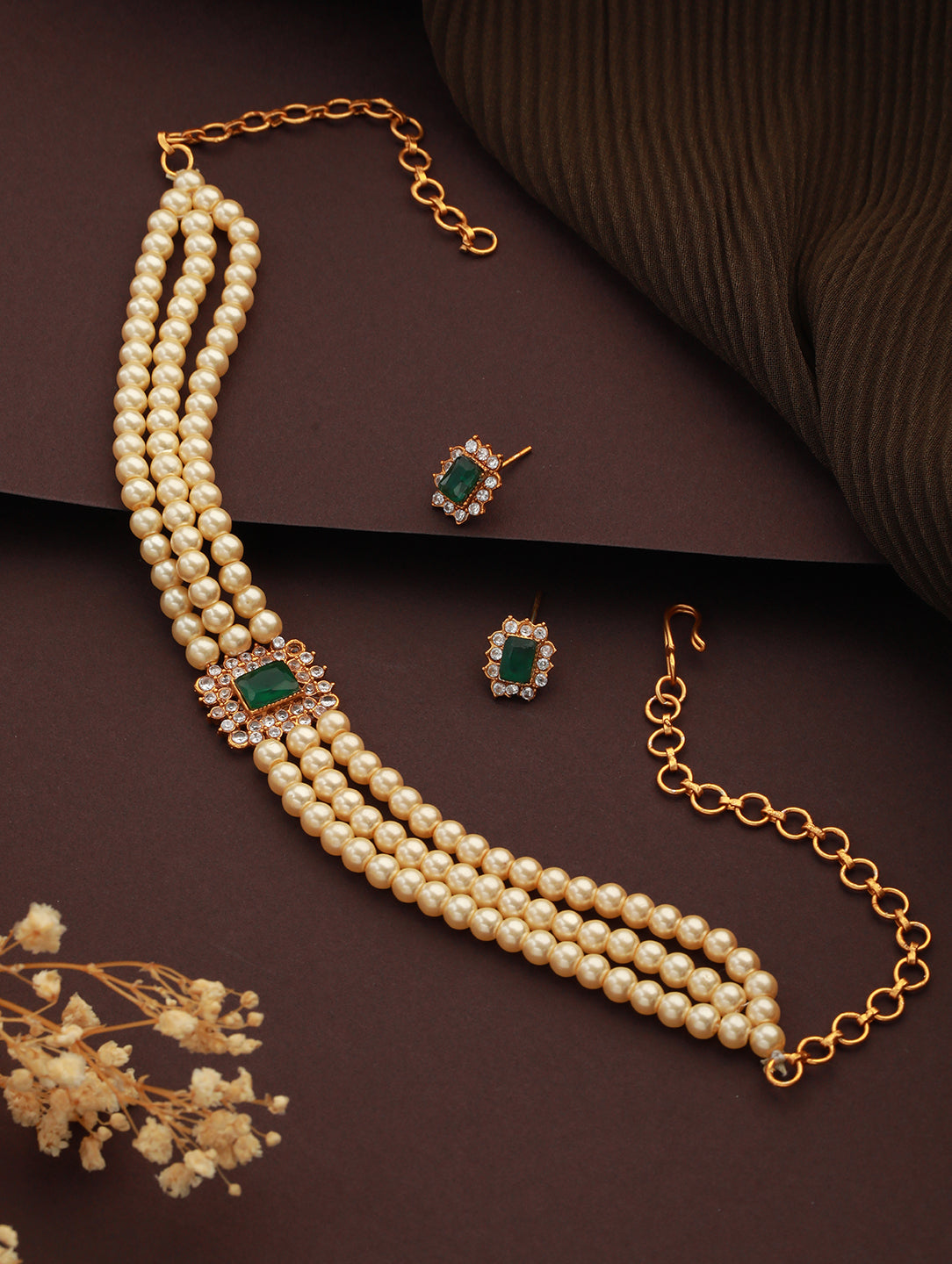 Gold-Plated Green Stone-Studded & Beaded Choker Necklace & Earrings - Jazzandsizzle