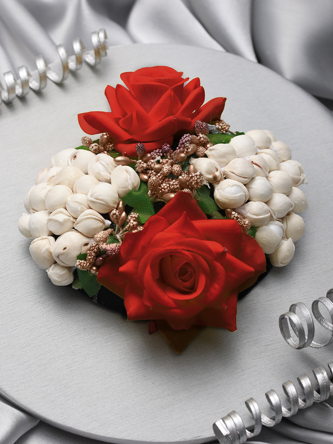 Women Red Rose & White Mogra Embellished Artificial Flower Gajra Designed Hair Bun Cover - Jazzandsizzle