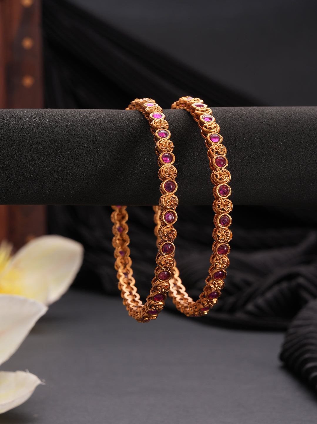 Jazz And Sizzle Set Of 2 Gold-Plated Red Pearl Beaded Handcrafted Bangles