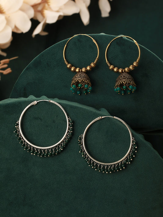 Set Of 2 Gold Plated & Green Pear Beaded Circular shapes Hoop Earrings - Jazzandsizzle