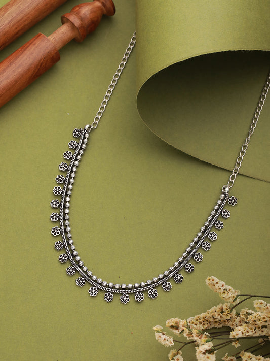 Silver Plated Floral Shaped Oxidised Necklace - Jazzandsizzle