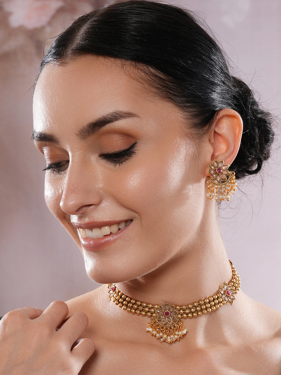 Jazz And Sizzle Gold-Plated Kundan-Studded & Ruby Red Pearls Beaded Necklace & Earrings Set