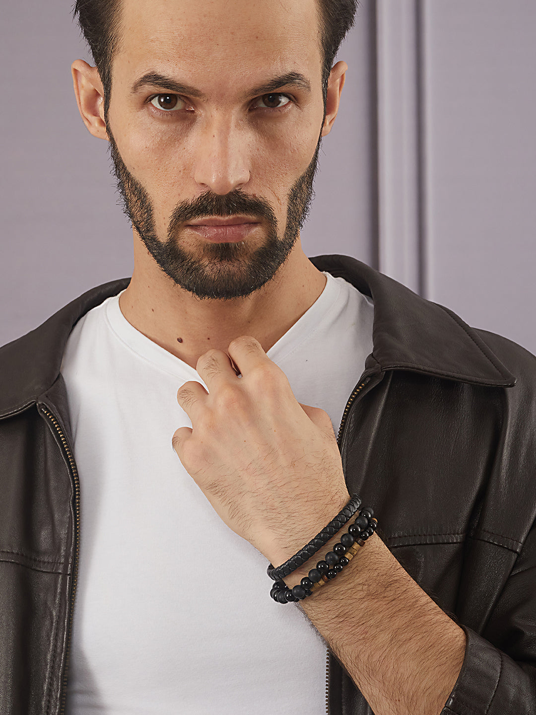 Jazz And Sizzle Men's Set of 3 Brown and Black Elasticated Beaded bracelet