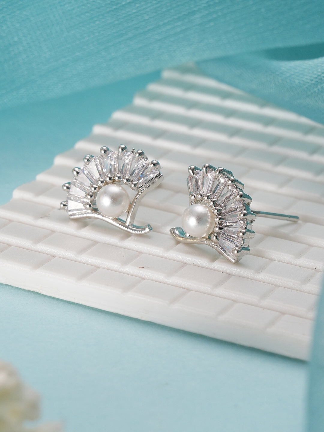 Jazz And Sizzle Rhodium-Plated Pearl Studded Contemporary Stud Earrings