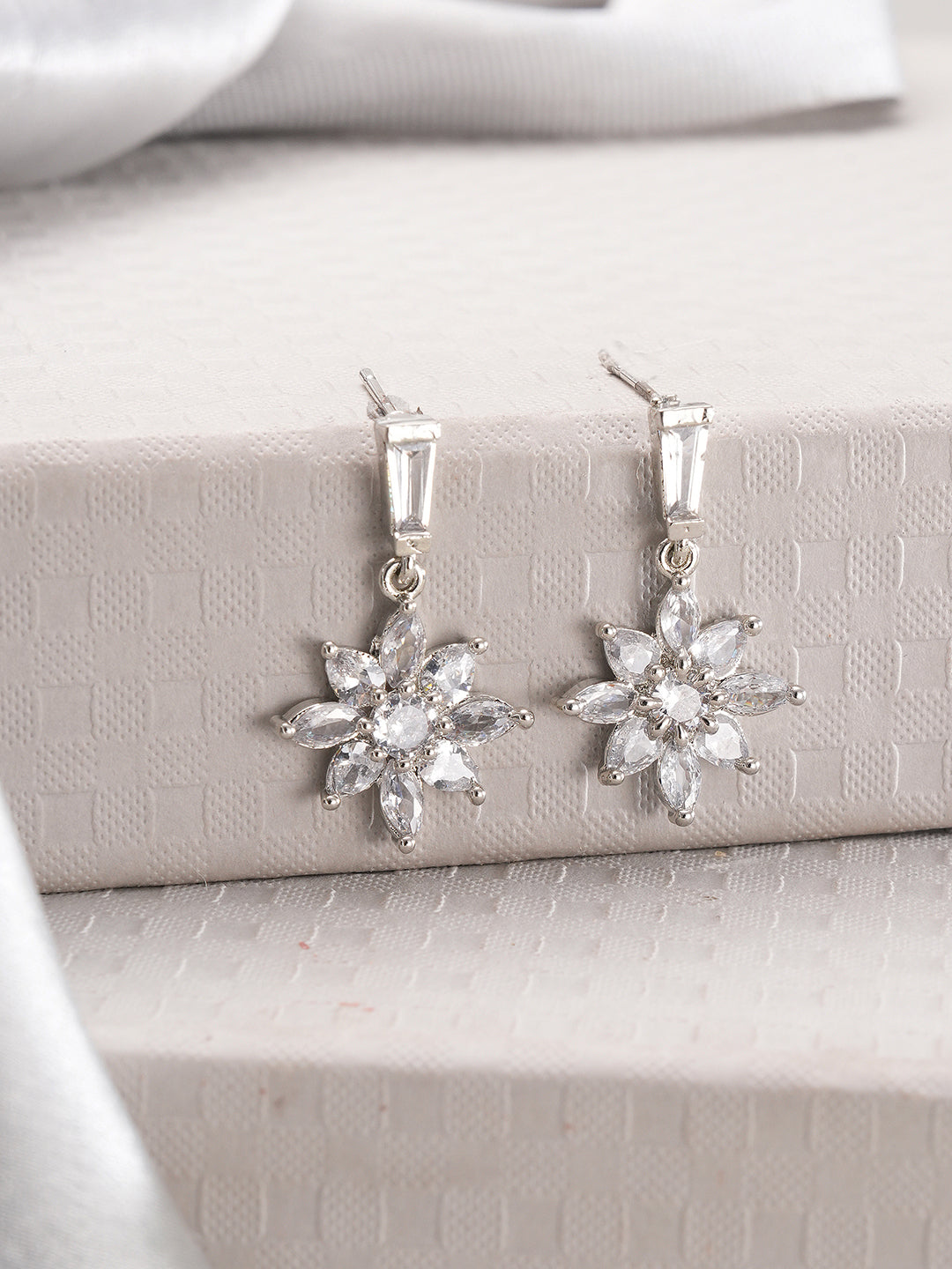 Jazz And Sizzle Rhodium Plated Floral Shaped Drop Earrings