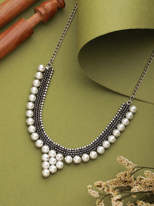 Silver Plated Pearl Beaded Oxidised Necklace - Jazzandsizzle